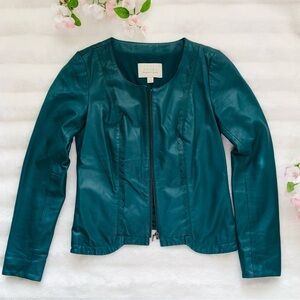 Hinge Teal 100% Genuine Leather Zip-Front Jacket, scalloped trim, Size XS